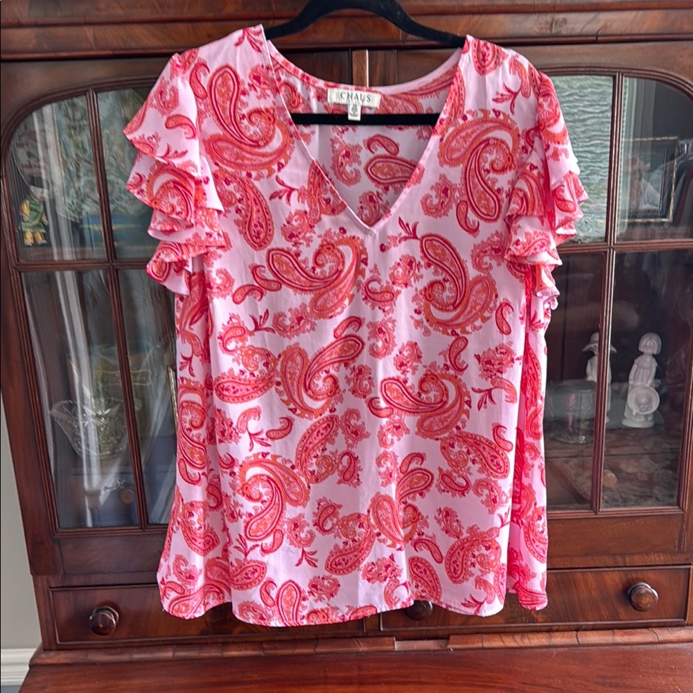 Chaus Pink and Orange Ruffled Blouse